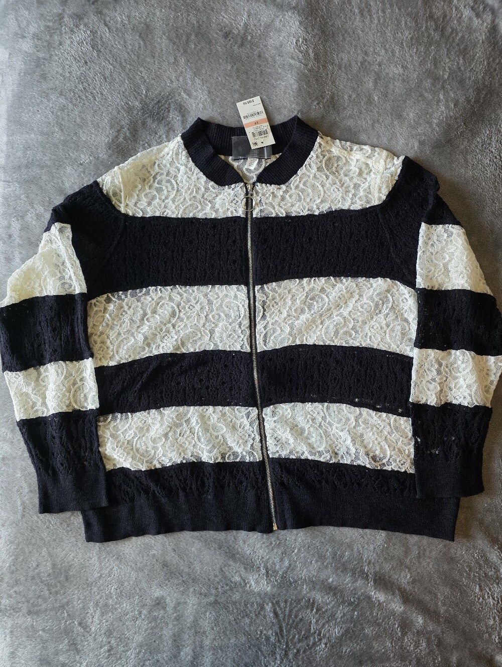 NWT INC International Concepts Black White Lace Striped Bomber Jacket 2X